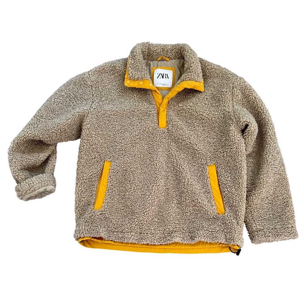 Zara Men's Contrasting Nylon Sherpa Pullover Sweatshirt Medium Tan & Yellow